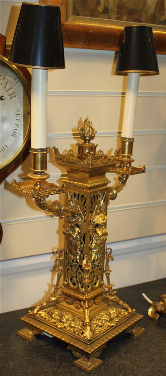 Pair 19th century ormolu twin branch candelabra, incl. shades(-)